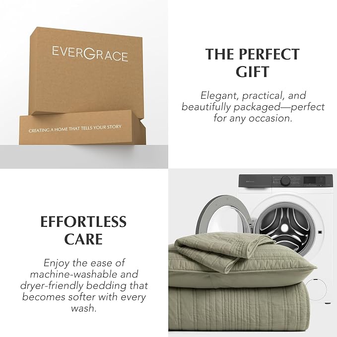 EVERGRACEHOME 100% Cotton Modern Lines Quilt Set King Size, Light Sage | Pre-Washed Soft Cotton, Striped Coverlet Bedspread, 3 Piece Lightweight Bedding Set for All Season, with 2 Pillow Shams