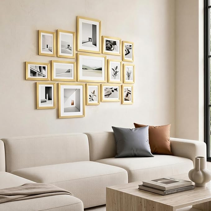 Fixwal Gallery Picture Frames Set, 15 Pack, PVC, Gold, 8x10, 5x7, 4x6 | Wall or Tabletop Decor, High-definition Plexiglas panels