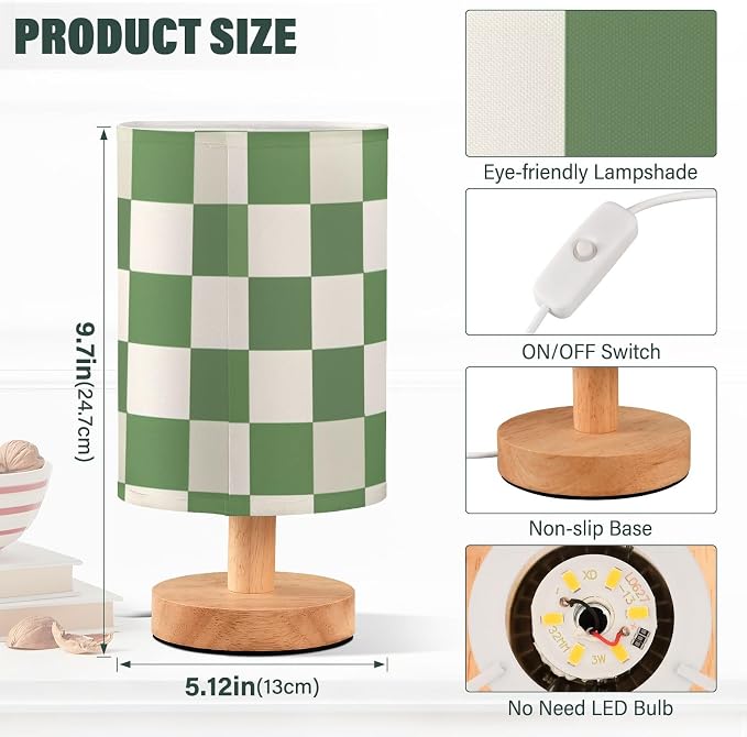 Bedside Lamp Green White Checkered Pattern Table Lamp for Bedroom LED Nightstand Lamp Shade USB Ports Wood Base for Living Room Dorm Office