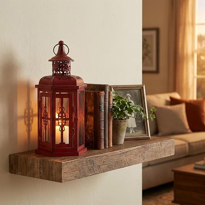 JHY DESIGN Decorative Candle Lantern 10“H Vintage Hanging Lantern Metal Candleholder for Indoor Outdoor Events Parities and Weddings (Red with Black Brush)
