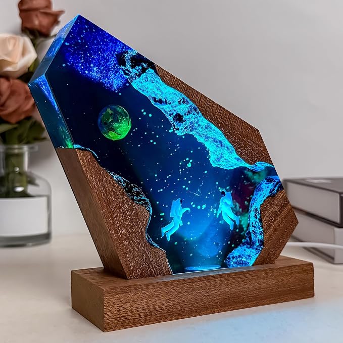 Handmade Galaxy Resin Lamp, 3D Cosmic Universe Lamp with Wooden Base