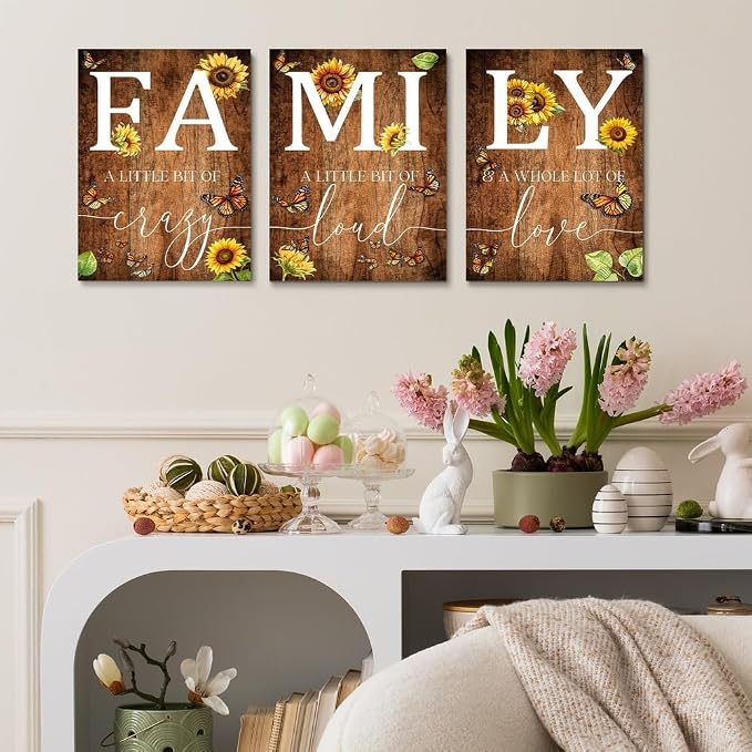 GUBIYU Farmhouse Family Wall Art Set of 3, Rustic Family Wall Decor for Living Room, Dining Room, Retro Brown Wood Wall Art, Butterfly Art, Sunflower Decor, 20"x28"