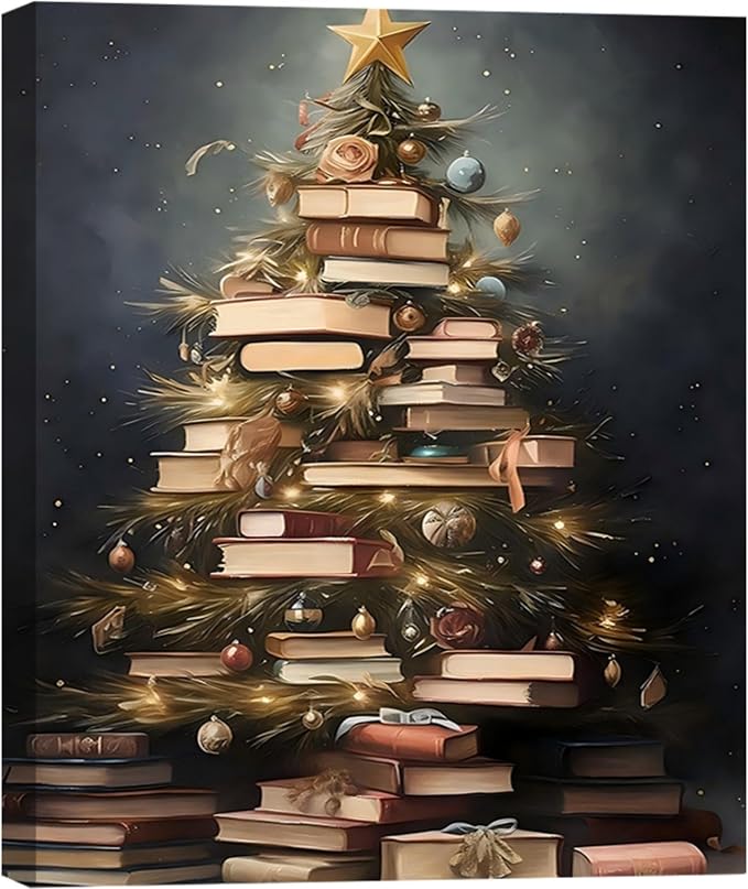 Creative Christmas Book Tree Pictures 16x24, Modern Framed Canvas Wall Art for Living Room Wall Decor, Winter Cottagecore Paintings for Bedroom Bathroom, Xmas Holiday Decorations Gifts