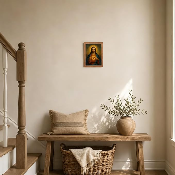 AUUAUU Sacred Heart of Jesus Wall Art Christian Canvas Painting 8x10 Inches | Wooden Framed Religious Spiritual Picture Print Artwork Christmas Wall Decor for Living Room Bedroom Ready to Hang