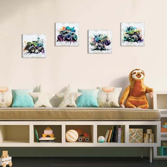 Rustic Monster Truck Wall Art Car Room Wall Decor for Boys Vintage Vehicle Posters Kids Bedroom Playroom Toddler Nursery Car Painting Canvas Prints Artwork Living Room Garage Home Decoration 12×12" 4P