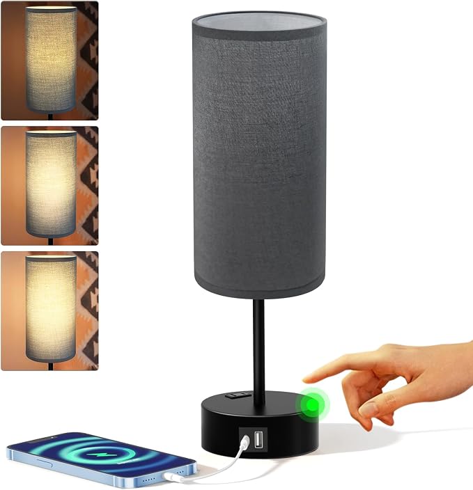 KPQ Bedside Lamp Touch Control Table Lamp with USB A+C Charging Ports & AC Outlet 3-Way Dimmable Nightstand Lamp with Linen Fabric Shade (Grey Shade-Black Base, 14" Small Size Touch Control)