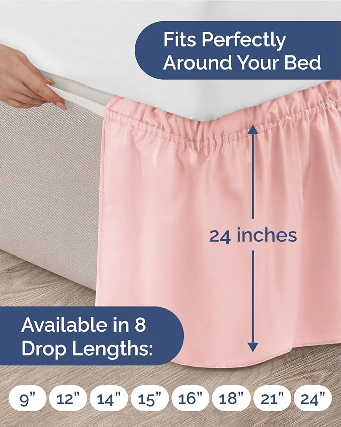 Wrap Around Dust Ruffle Bed Skirt - Baby Pink - for Queen Size Beds w/ 24 Inch Drop - Easy Fit Elastic Strap - Adjustable Pleated Bedskirt w/Brushed Fabric - Wrinkle Free - Women, Men, Kids & Teens