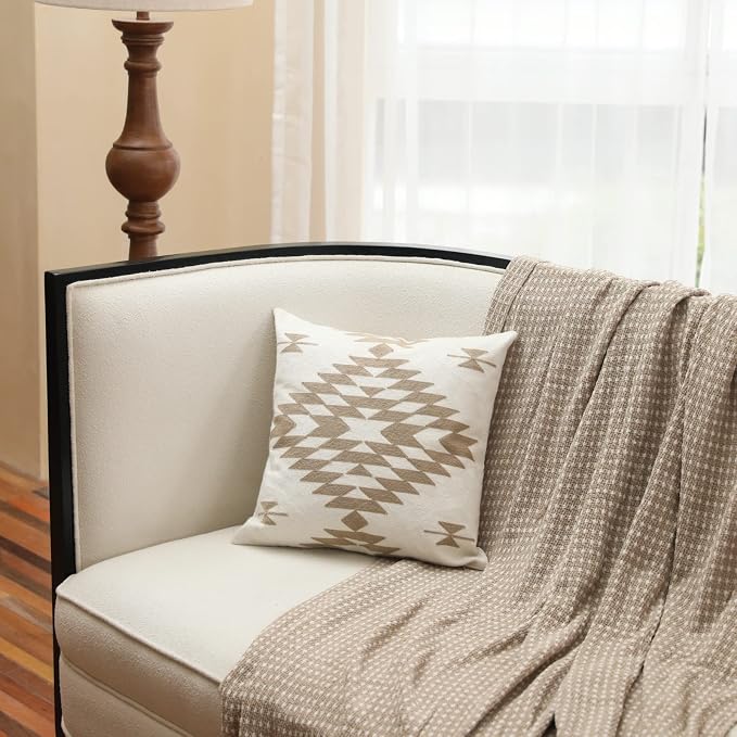 IKATYARN Beige Aztec Pattern Embroidery Throw Pillow Cover,Boho Tribal Geometric Pillowcase, Modern Farmhouse Brown Cushion Case for Couch Sofa Bed, 20"x20"