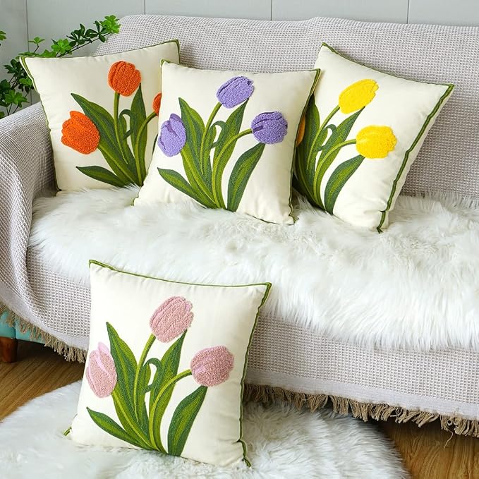 vctops Farmhouse Tulip Cotton Tufted Throw Pillow Cover Spring Floral Embroidery Pillowcase Soft Square Cushion Case for Sofa Couch Bed Chair (Pink,18"x18")