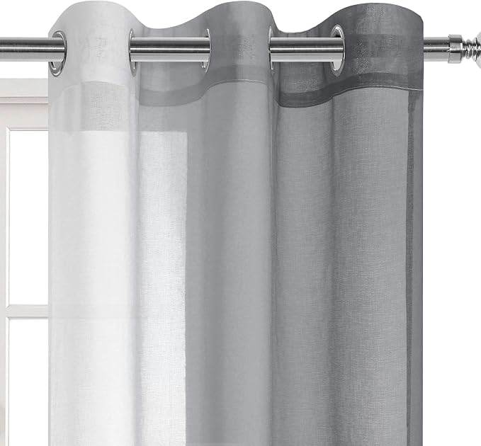 DWCN Grey Ombre Sheer Curtains - Faux Linen Gradient Grommet Top Semi Voile Bedroom and Living Room Curtains, Set of 2 Window Curtain Drapes, 42 x 63 Inches Length