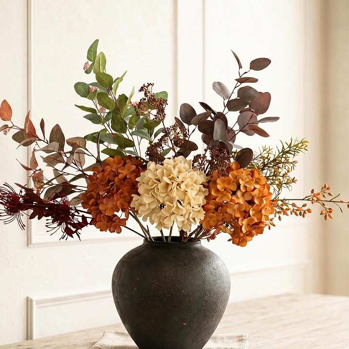Fall Centerpieces for Tables - Burnt Orange Hydrangea & Eucalyptus Stems | Large Faux Floral Arrangement, Real Touch Artificial Fall Flowers for Thanksgiving & Autumn Dining Table