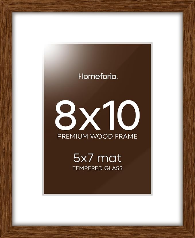 Homeforia 10x8 Picture Frame Brown, High End Dark Oak 10 x 8 Walnut Wooden Frames with Mat 5 by 7 Photo, 10x8 Wood Frame Matted to 5x7 Print, Wall or Tabletop Frame, Tempered Glass, Wall Kit, Set of 1