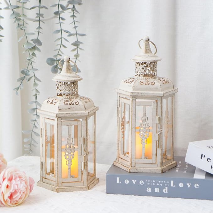 JHY DESIGN Set of 2 Rustic Decorative Lanterns 10" H Vintage Hanging Lantern Metal Candleholder for Indoor Outdoor, Events, Parities, Patio and Wedding(White with Gold Brush)
