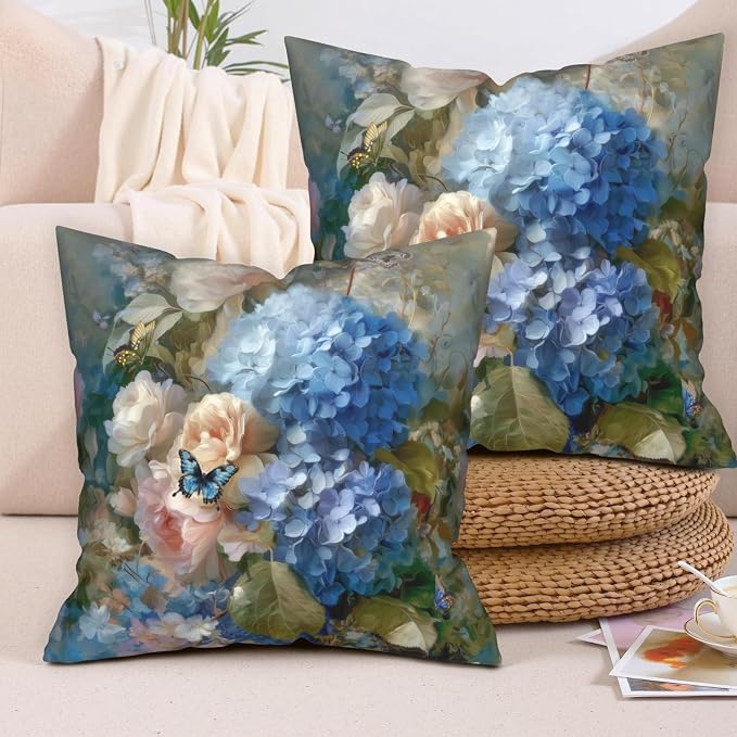 Vintage Rose Hydrangea Pillow Covers Oil Painting Floral Throw Pillow Covers Spring Summer Pillow Case 16x16 Blue Pink Flowers Cushion Case for Living Room Couch Sofa Set of 2