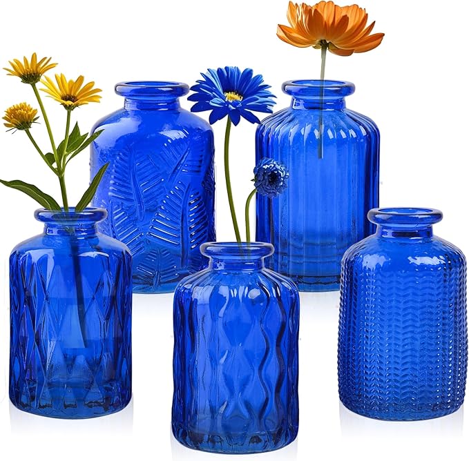 ELEGANTTIME Cobalt Blue Glass Bud Vase Small Flower Vase Mini Bottle with Cork Wire Handle Design for Deco Cafes, Office Table, Home and Garden(Set 5)
