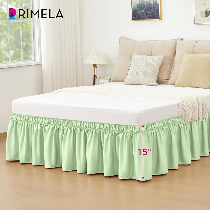 Baby Green Bed Skirt Queen Size 15" Drop, Elastic Wrap Around Bedskirt | Solid ruffled, Wrap-around/elastic, Wrinkle & Fade resistant, with Adhesive Strips, Gift Packed, Machine Wash/Tumble Dry/Iron