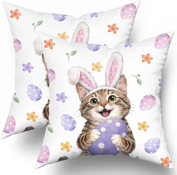 Easter Cat Pillow Covers 24x24 Inches Set of 2 Cute Bunny Ear Cat Pillowcase Kitten Eggs Floral Cotton Cushion Covers Spring Holiday Pillow Cases for Home Sofa Couch