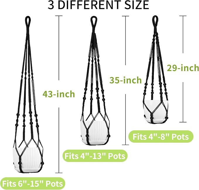 Macrame Plant Hanger - Fits 4-15 Inch Pots, 3 Pack, Black