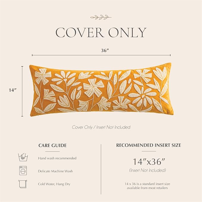 BlissBlush Long Lumbar Pillow Cover 14x36 for Bed, Mustard Floral Tufted Velvet Accent Oversize Throw Pillowcase for Bedroom, Cover Only