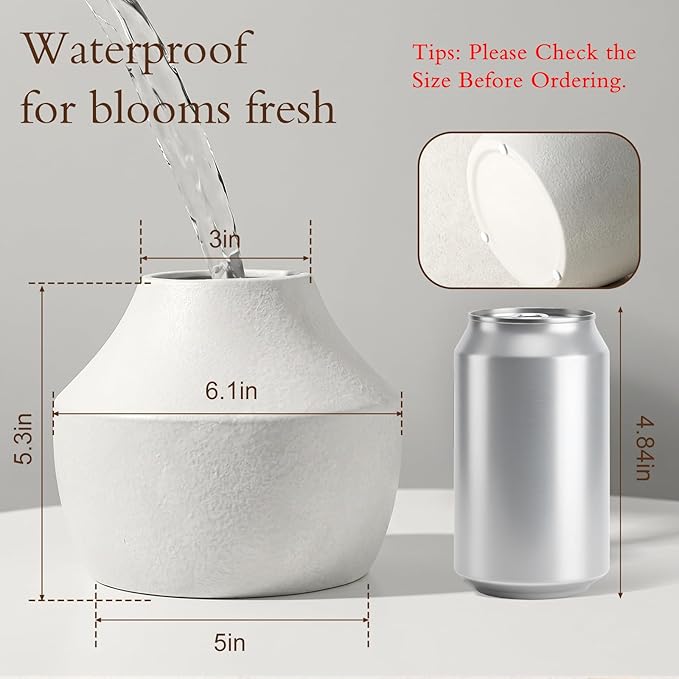 White Ceramic Flower Vase for Centerpieces, 5.2in Small Hydrangea Vase | Waterproof Pottery Vases for Flower, Hydrangeas, Home Decor, Living Room,Table Decorative, Handcrafted