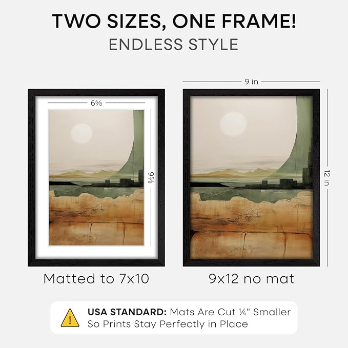 Homeforia 9x12 Black Oak Picture Frame, High-End Wood, 7x10 Mat, Glass