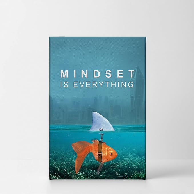 Smile Art Design Mindset is Everything Wall Art Canvas Print Goldfish Shark Entrepreneur Inspirational Motivational Quote Living Room Home Bedroom Office Decor Ready to Hang 28x19