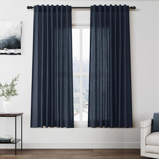 Vintage Blue Curtains 63 Inches Long 2 Panel Sets for Living Room Bedroom Light Filtering Linen Drapes for Kitchen Windows Rod Pocket Back Tab Short See Through Curtain Vintage Country Decor 52x63