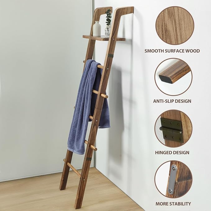 Taozun Wooden Blanket Ladder with Shelf for the Living Room, Total 6-tier | 67-Inch Farmhouse Blanket Rack with 5 Pegs for Towels, Quilt and Throws, Wood Blanket Holder for Organization and Display