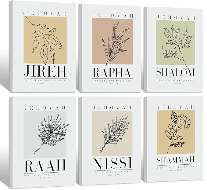 Bible Wall Art Print Set of 6 Christian Scripture Wall Art Decor Jehovah Jireh Rapha Shalom Shammah Nissi Raah Wall Art Bible Verse Poster Modern Minimalist for Bedroom Home 12x16 Inch Wrapped Canvas