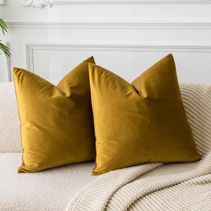 Velvet Throw Pillow Covers 20x20 set of 2 for Couch Bed Sofa,Mustard Yellow
