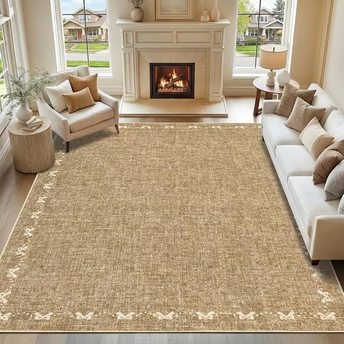 COZYLOOM 10x14 Bow Printed Rug for Bedroom, Large Solid Color Living Room Rug with Non Slip Backing, Stain Resistant Non Shedding Rugs Low Pile Modern Farmhouse Carpet for Bedroom, Dining Room, Brown