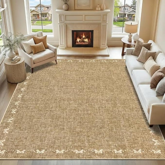 COZYLOOM 8x10 Bow Printed Rug for Bedroom, Large Solid Color Living Room Rug with Non Slip Backing, Stain Resistant Non Shedding Rugs Low Pile Modern Farmhouse Carpet for Bedroom, Dining Room, Brown