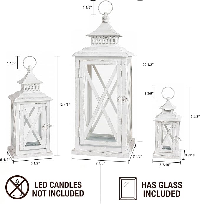 3PCS (20’’&13’’&9’’) Lanterns Decorative Indoor & Outdoor, Vintage White Metal Frame Candle Holders for Front Porch, Patio, Pathway, Balcony, Garden, Yard Decor, Halloween Christmas Decorations