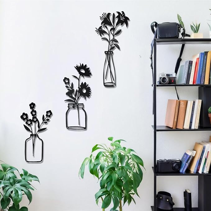 QZGXDECO Black Metal Flower Wall Decor,Metal Vase Wall Art,Minimalist Floral Wall Sculptures,Hanging Decor for Kitchen Dining Room Living Room Bathroom Bedroom(11.5'' X 3PCS)
