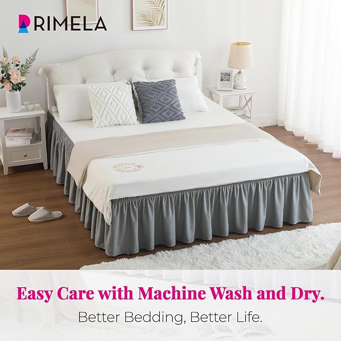 Grey Bed Skirt Full Size 15 Inch Drop, Elastic Wrap Around Bedskirt | Solid Ruffled, Easy to Use, No Mattress Lifting, Wrinkle & Fade Resistant, with Adhesive Strips, Machine Wash/Dry/Iron