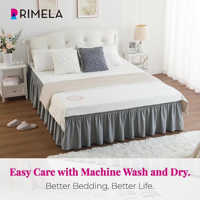 Grey Bed Skirt Queen Size 18 Inch Drop, Elastic Wrap Around Bedskirt | Solid Ruffled, Easy to Use, No Mattress Lifting, Wrinkle & Fade Resistant, with Adhesive Strips, Machine Wash/Dry/Iron