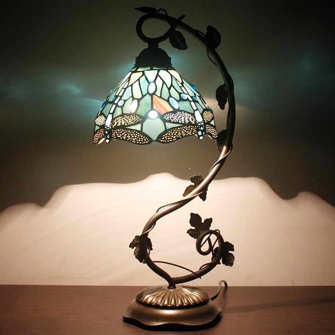 WERFACTORY Tiffany Lamp Sea Blue Stained Glass Dragonfly Style Table Light