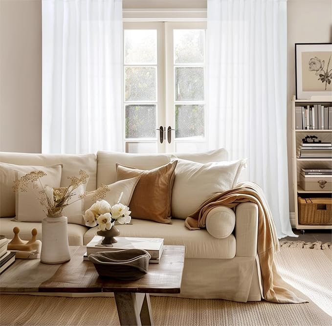 YoungsTex Extra Long White Linen Curtains 102 Inch Length for Living Room, Light Filtering Window Drapes with Rod Pocket Back Tab Semi Sheer Privacy for Bedroom, 2 Panels, 52 X 102 Inch