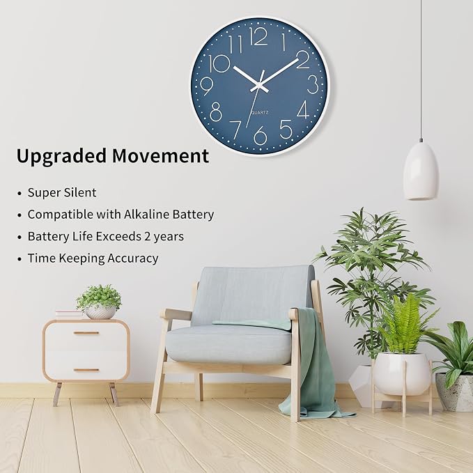 Foxtop 12" Modern Wall Clock Silent Battery Operated Analog Clock, Cerulean | Non Ticking, Quartz, Round, Easy to Read, Bedroom, Kitchen, Living Room, Office