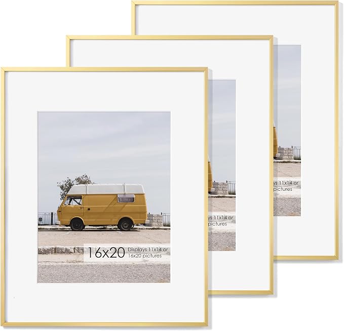 16x20 Metal Picture Frame with 11x14 Mat, Brushed Aluminum Finish, Tempered Glass Front, and Attached Hanging Hardware - Versatile Wall Display Frames for Vertical or Horizontal Orientation(Rose Gold,