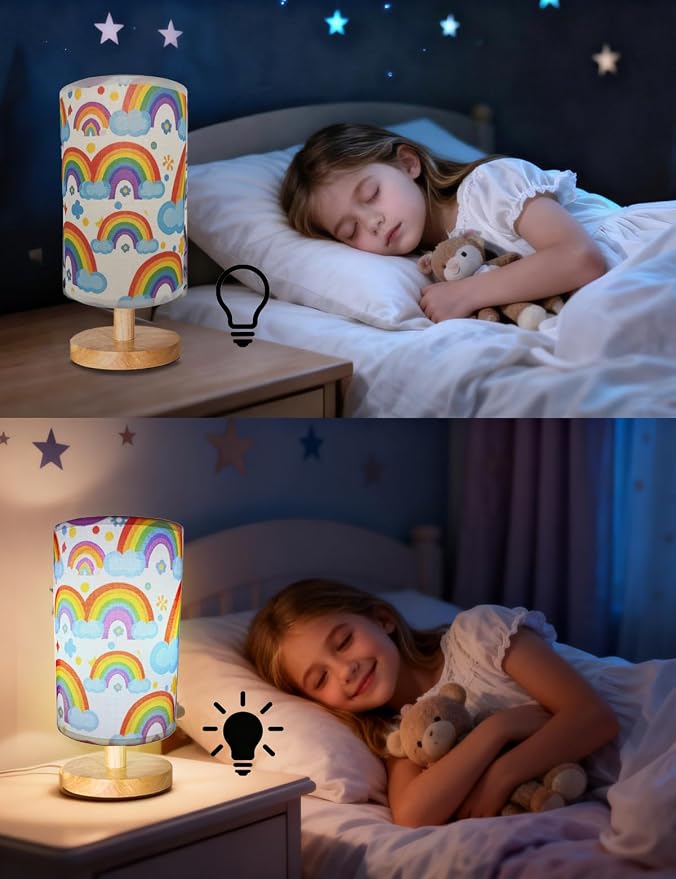 Rainbow Lamp for Girls Bedroom, 3 Colors Nightstand Light Lamp, Round Wood Base Flaxen Fabric Desk Lamp for Kids Room, Colorful Lamp Gift for Girls (LED Bulb Included) (Rainbow)