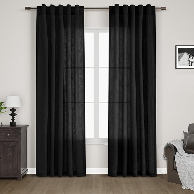 Black Linen Blend Drapes 84 Inch Length 2 Panels Set Back Tab Rod Pocket Light Filtering Privacy Semi Sheer Textured Vertical Curtains Boho Farmhouse Decor Curtains for Living Room Bedroom 40x84