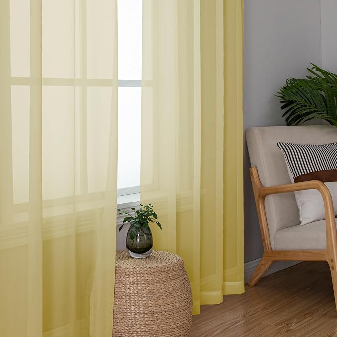 Simplebrand Yellow Tier Curtains for Kitchen 24 Inches Long 2 Panel Set, Rod Pocket Cafe Curtain Light Filtering Sheer Short Curtains for Bathroom/Basement Half Window 42 x 24 Inch, 2Pcs