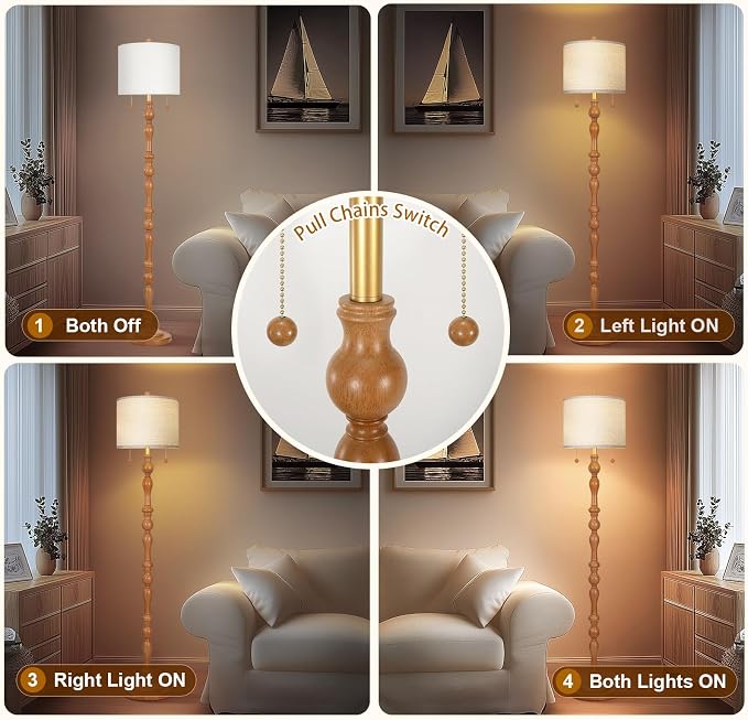 Scenekoy 65.5" Natural Solid Wood Floor Lamp with Pull Chains Dual Switch