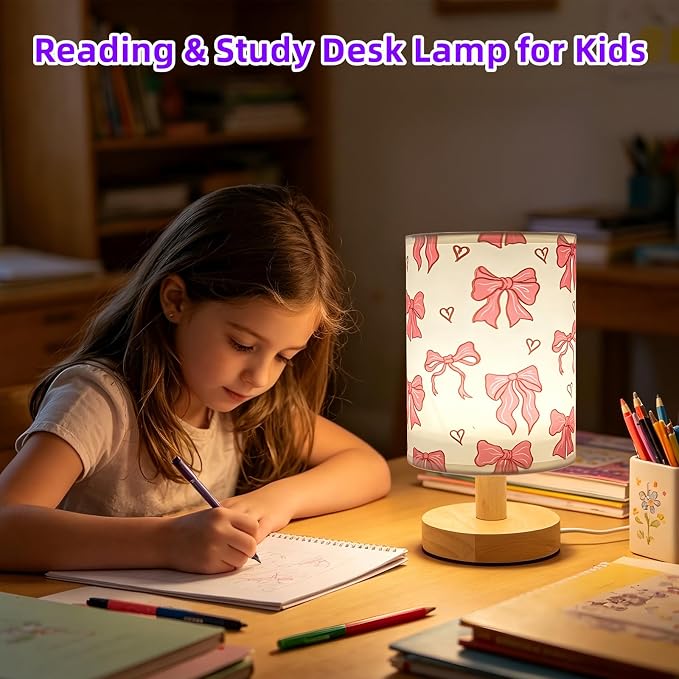 Pink Bow kids Table Lamp Dimmable Small Bedsdie Lamps for Bedroom Decor