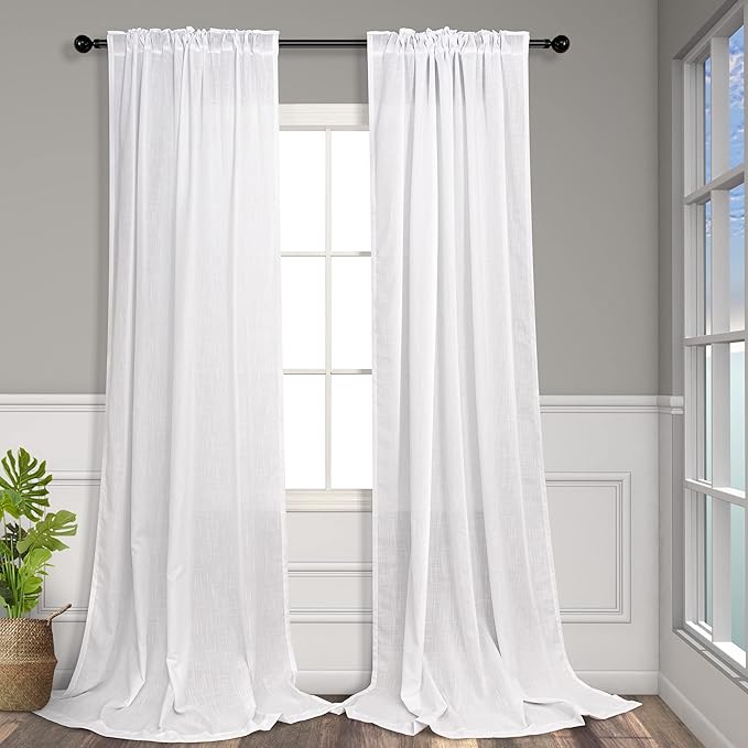 Solid White Curtains 96 Inches Long for Living Room 2 Panel Set Back Tab Pocket Opaque Draperies Semi Sheer Linen Light Filtering Curtain for Bedroom Floor Length Crisp Vintage Beach Country Chic 8 FT