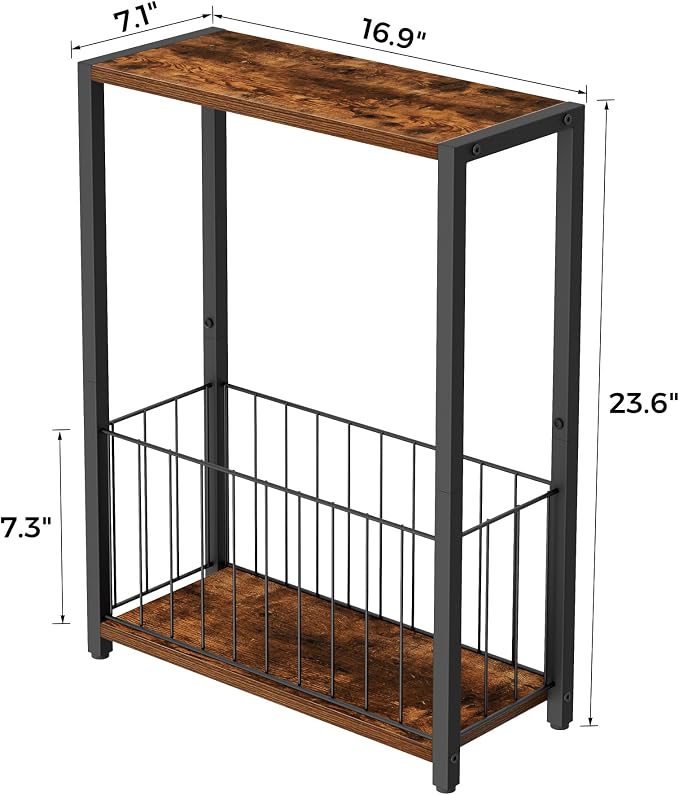Homleke Narrow Side Table with Magazine Holder, Skinny End Table | Space-Saving Design, Small Spaces, Storage Shelf, Metal Frame, Easy Assembly, 7.1" D x 16.9" W x 23.6" H, Rustic Brown