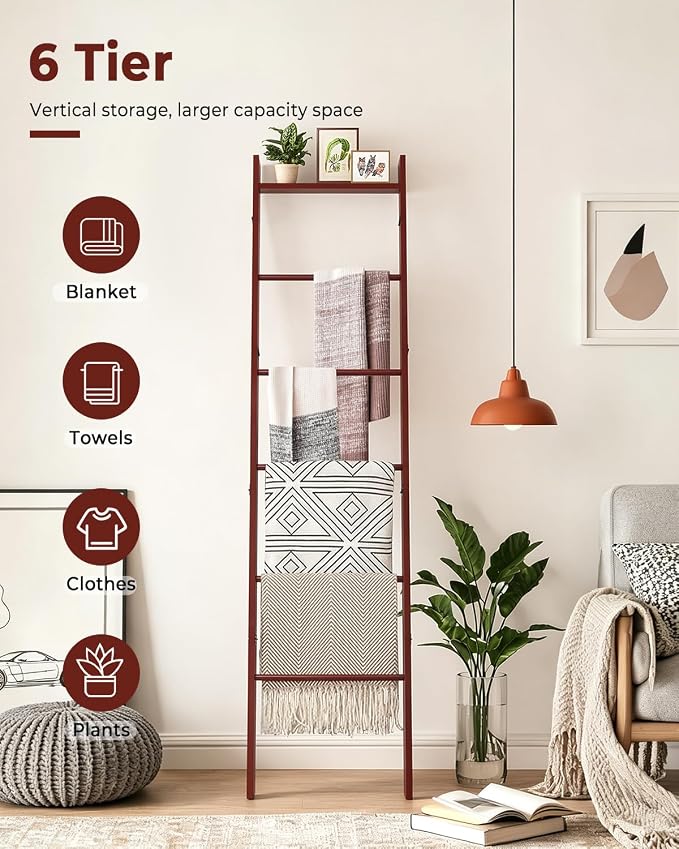 6-Tier Blanket Ladder Wooden, Blanket Quilt Towel Holder Rack Ladder, Brown | Wall Leaning Solid Wood Quilt Rack, Scratch & Slip Resistant, Living Room Bedroom Bathroom, Quick Setup, Brown