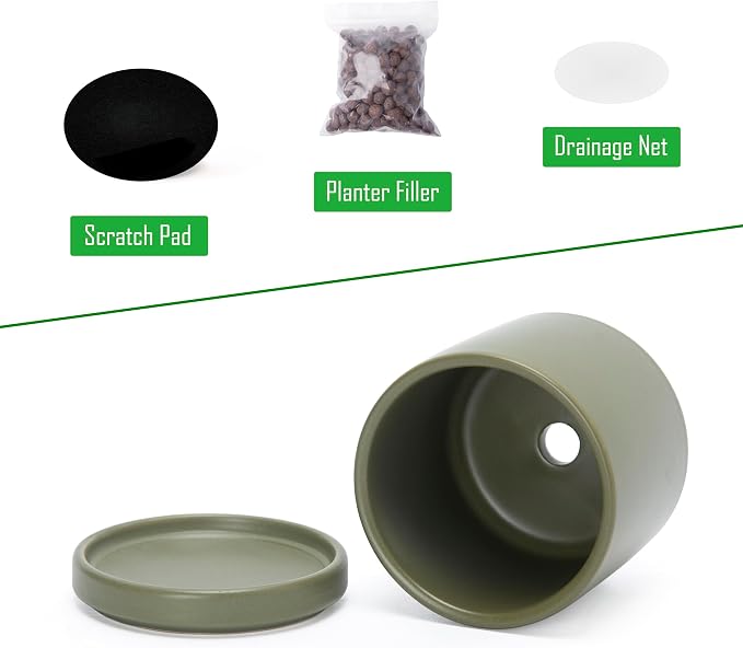 D'vine Dev 3.5 Inch Ceramic Planter Pot, Olive, 94-O-A-J | Modern Cylinder Design, Drainage Hole & Saucer Included, Stable Structure, Elegant Home Accent