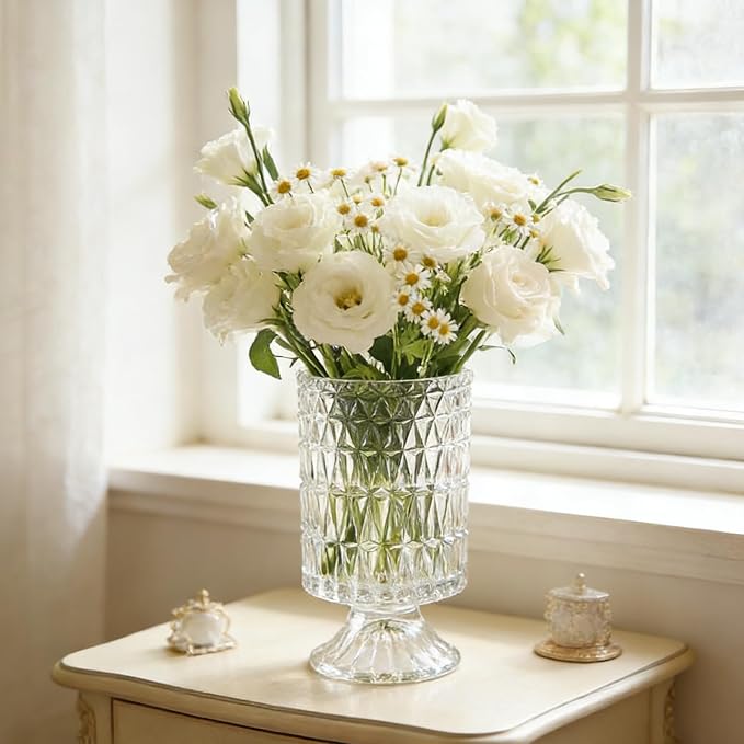 BLOFLO Embossed Glass Vase, 7'' Crystal Glass Vases, Pedestal Big Base Glass Bouquet Vase, Hydroponic Glass Transparent Vase for Home Office Wedding Dining Table Party (Long Rhombus Pattern)